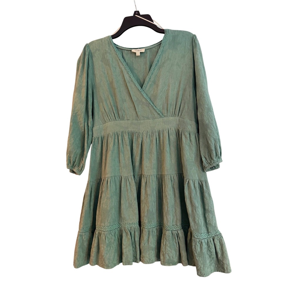 Umgee Tiered Mini Dress Womens L Green Excellent Boho Lace V-Neck Smocked Waist